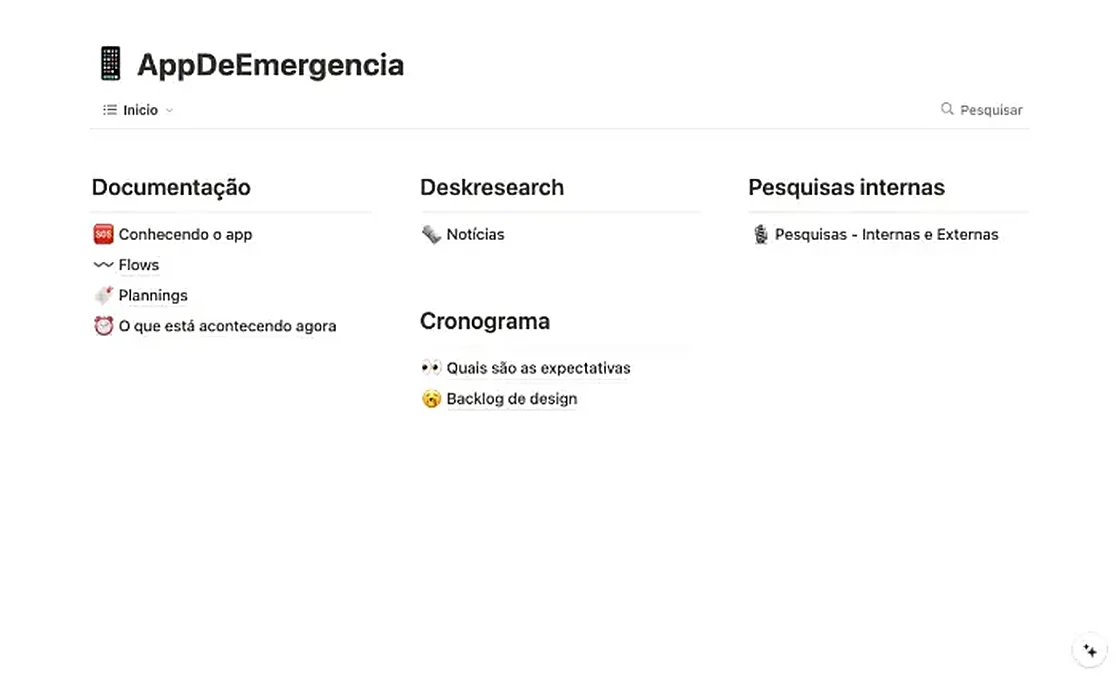 Página de documentação do projeto AppDeEmergencia com áreas de documentação, desk research e pesquisas internas