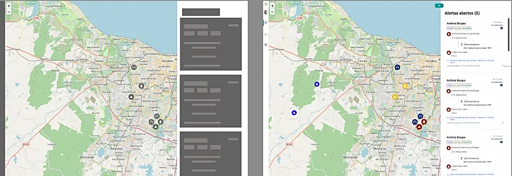 Mapa com alertas em wireframe e interface refinada