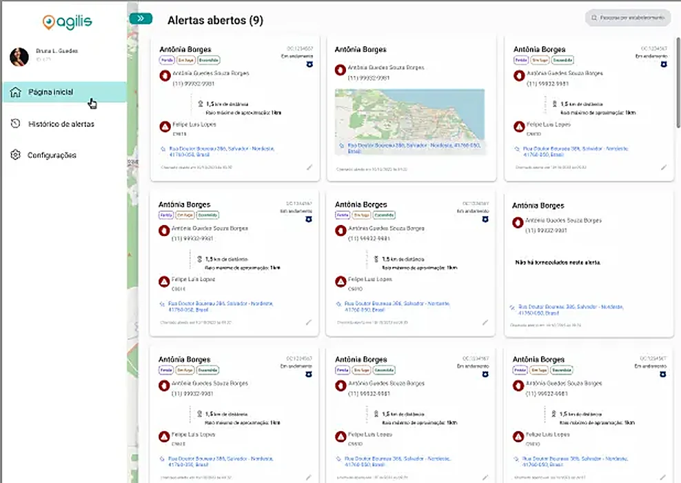 Tela de alertas abertos do sistema